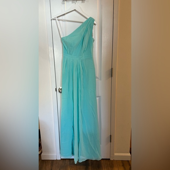 David’s Bridal long one-shoulder crinkle chiffon dress | Spa color - Picture 1 of 8